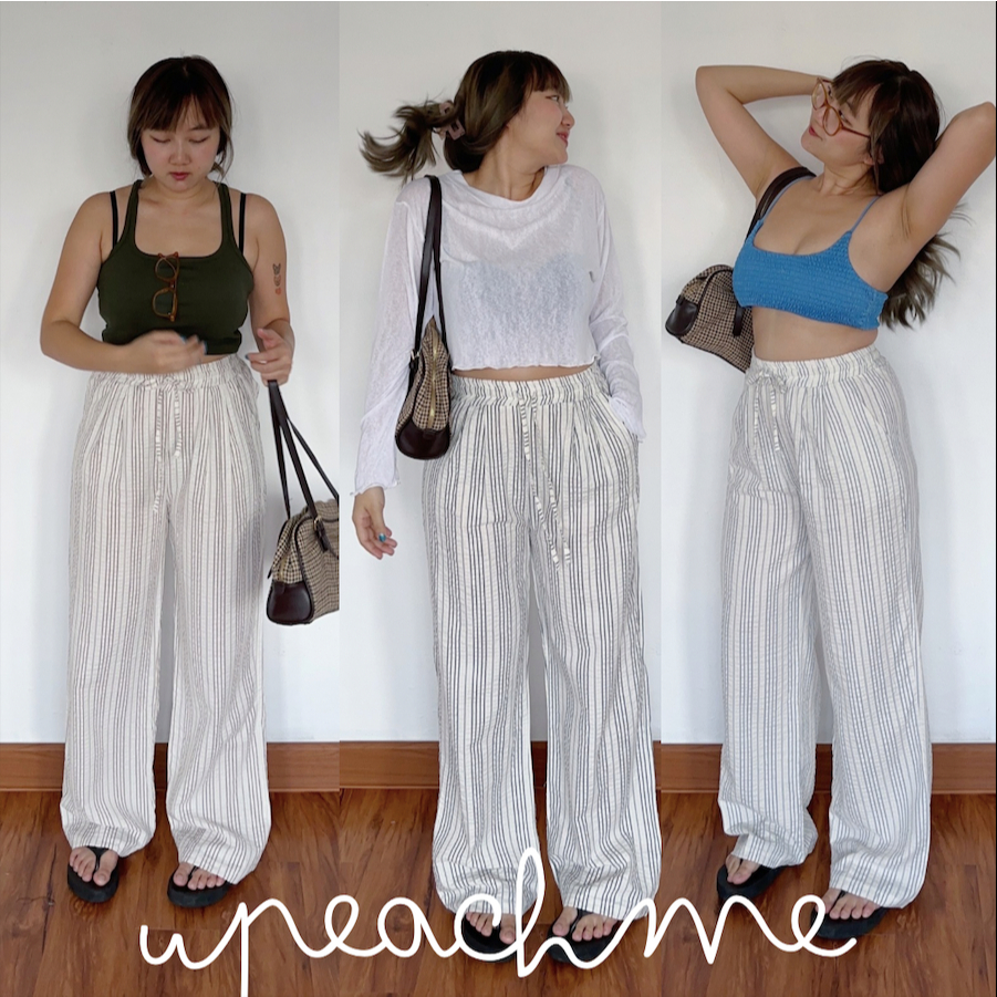 FINE PANTS I กางเกงขายาวลายทางผ้าลินินผสมคอตตอน ฟรีไซส์ใส่สบายผ้าไม่บาง กางเกงลินินขายาวกระบอกตรง