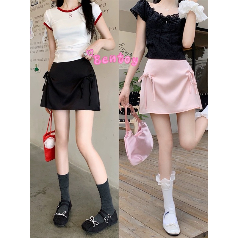 bentoy(8829)กระโปรงสั้น ทรงเอ ซิปข้าง ดีเทลติดโบว์สองข้าง สีสวยดูแพง มีซับใน