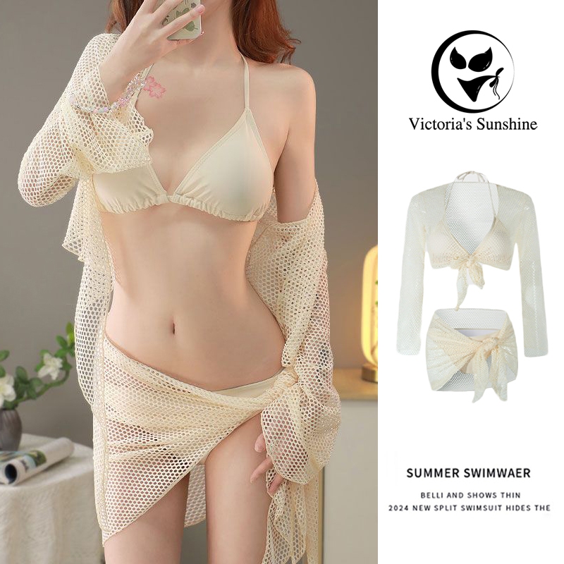 Victoria's Sunshineบิกินี่4ชิ้น แขนยาว ผูกคอ สีขาว รุ่นใหม่ เฟนเซ็กซี่ ไลฟ์สดลด50%#0255