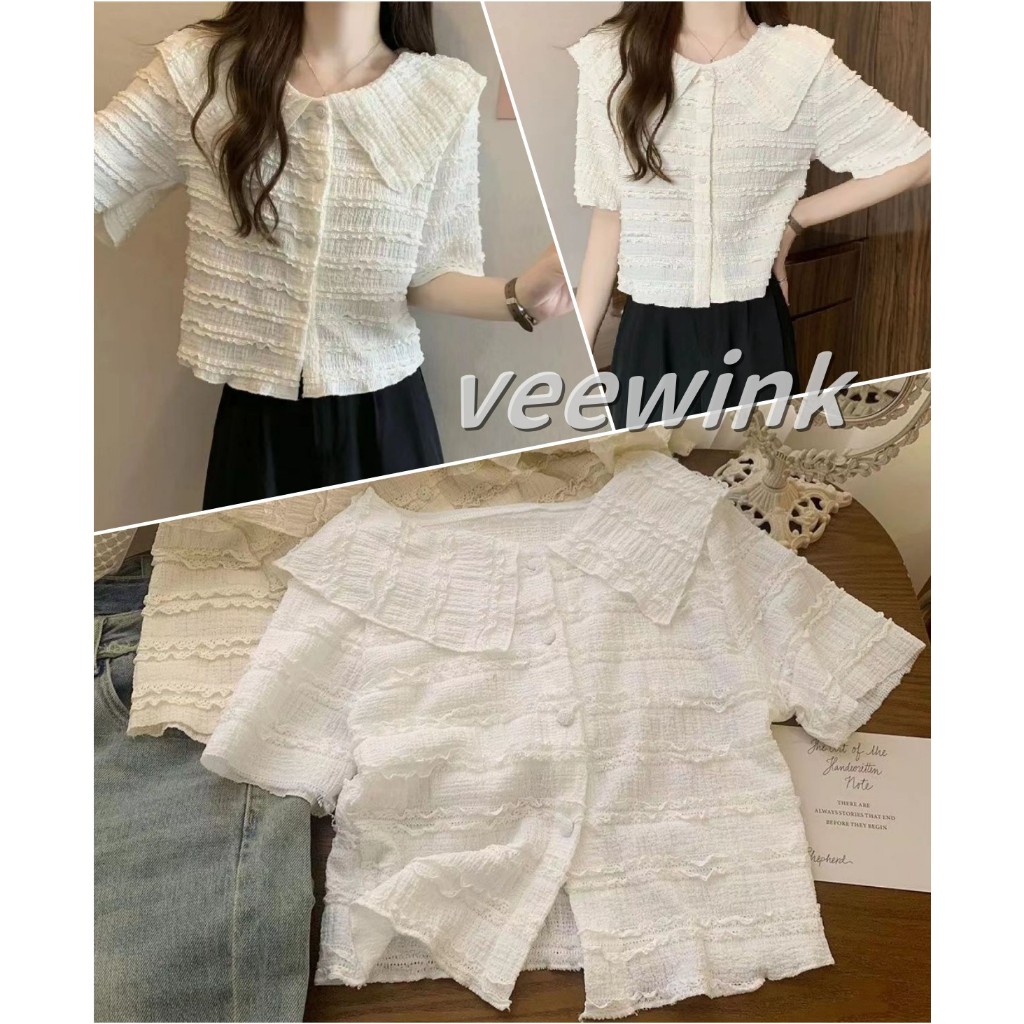 Veewink เสื้อไหมพรมแขนสั้น น่ารักมินิมอล สไตล์เกาหลี เวอร์ชั่นเกาหลีหวานและน่ารักสดชื่นดูผอมบางเสื้อเชิ้ต ผ้านิ่มใส่สบาย