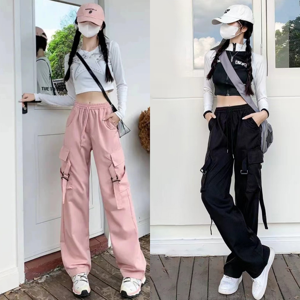 กางเกงคาร์โก้สตรีทสไตล์อเมริกัน ปลายขากระบอก ทรงเท่ ใส่ได้ทั้งผู้หญิงผู้ชาย