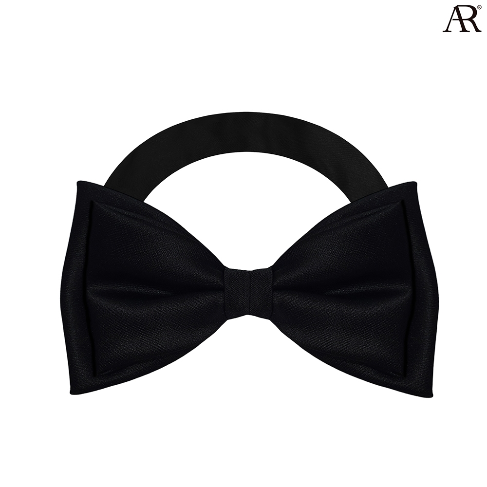 ANGELINO RUFOLO Bow Tie ผ้าไหมทออิตาลี่คุณภาพเยี่ยม โบว์หูกระต่ายผู้ชาย 2 ชั้น ดีไซน์ Plains สีดำ
