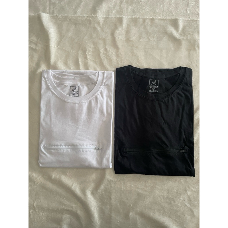 เสื้อยืดผ้าคอตตอต มีกระเป๋าหน้า ซิปได้