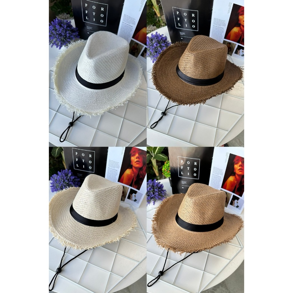 สินค้าพร้อมส่งจากไทย หมวกสานปีกกว้าง ทรงปานามาชาย คาดดำแต่งขอบรุ่ย ใส่กันแดด  B091