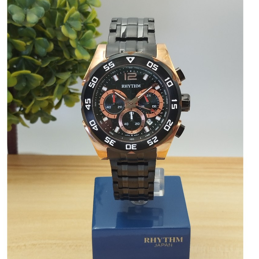 RHYTHM (Chronograph) Japan นาฬิกาข้อมือผู้ชาย สแตนเลสรมดำ กระจกSapphireกันขีดข่วน รับประกัน1ปี