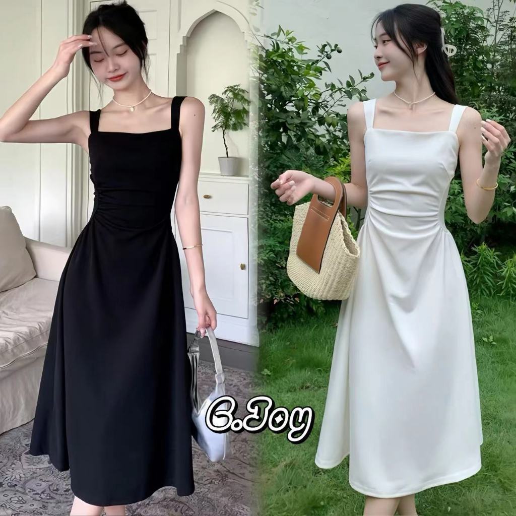 C.Joy ชุดเดรสแฟชั่นดีไซน์จับจีบเอวสำหรับผู้หญิงต้นฤดูใบไม้ผลิสไตล์เกาหลีแฟชั่นสีทึบกระโปรงยาวปานกลางระดับไฮเอนด์