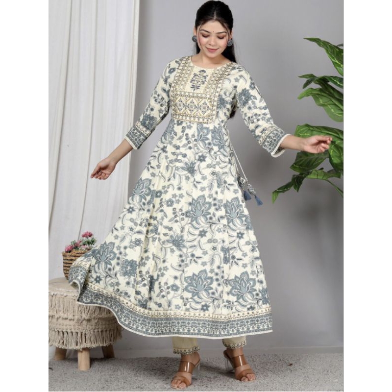 🇮🇳Printing Gotta Patti & Mirror Work A-Line Kurta & Pants With ชุดกรูตี 3ชิ้น เสื้อ กางเกง ผ้าคลุมสิ