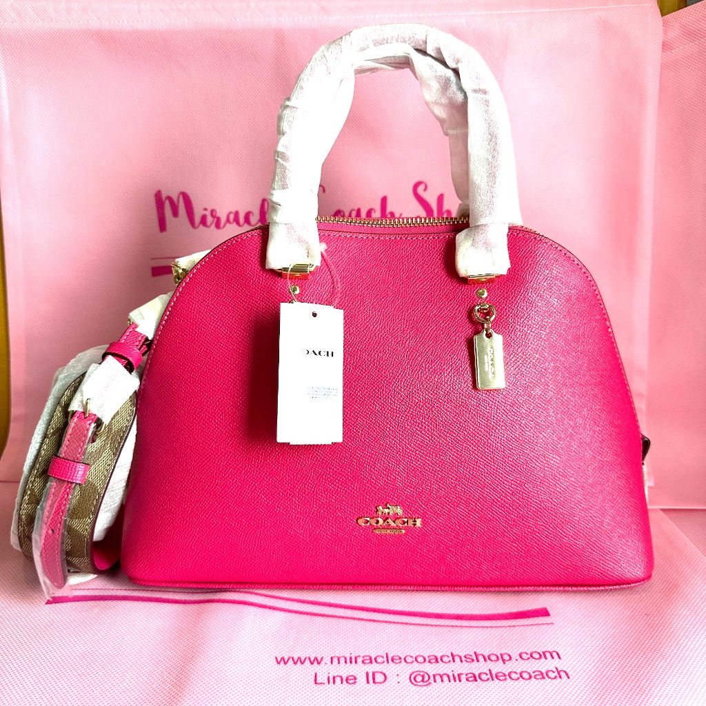 กระเป๋าถือ COACH แท้ ทรงโดม COACH C8498 KATY SATCHEL WITH SIGNATURE CANVAS DETAIL BOLD PINK KHAKI