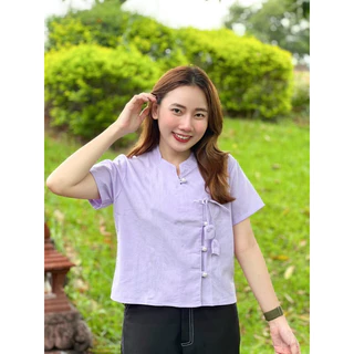 เสื้อพื้นเมืองผู้หญิงคอจีนกระดุมมุกป้ายผูกบัวดอกทิวลิป