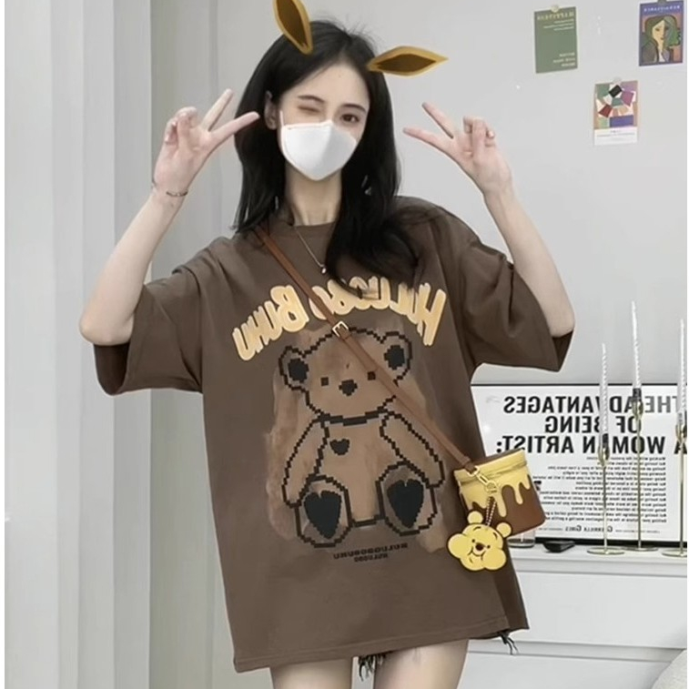 fashiongirl1688 เสื้อยืดแขนสั้น ผู้หญิงลายน้องหมีสุดน่ารักสีน้ำตาลเนื้อผ้าดีแมทช์เข้ากับการแต่งตัว