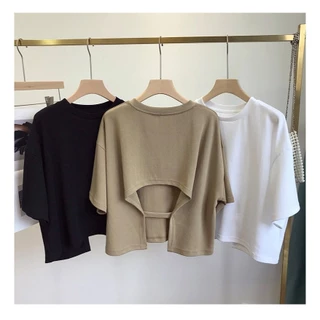 พร้อมส่งในไทย**เสื้อครอป เสื้อคอกลมผู้หญิงแขนสั้น ผ้านิ่ม เปิดหลัง Y110