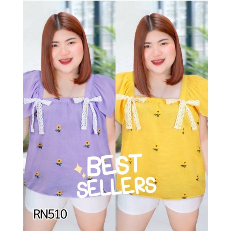 RN510.เสื้อแฟชั่นสาวอวบ รุ่นคอเหลี่ยมใส่เปิดไหล่ได้ ผ้าลายทานตะวัน อก48"