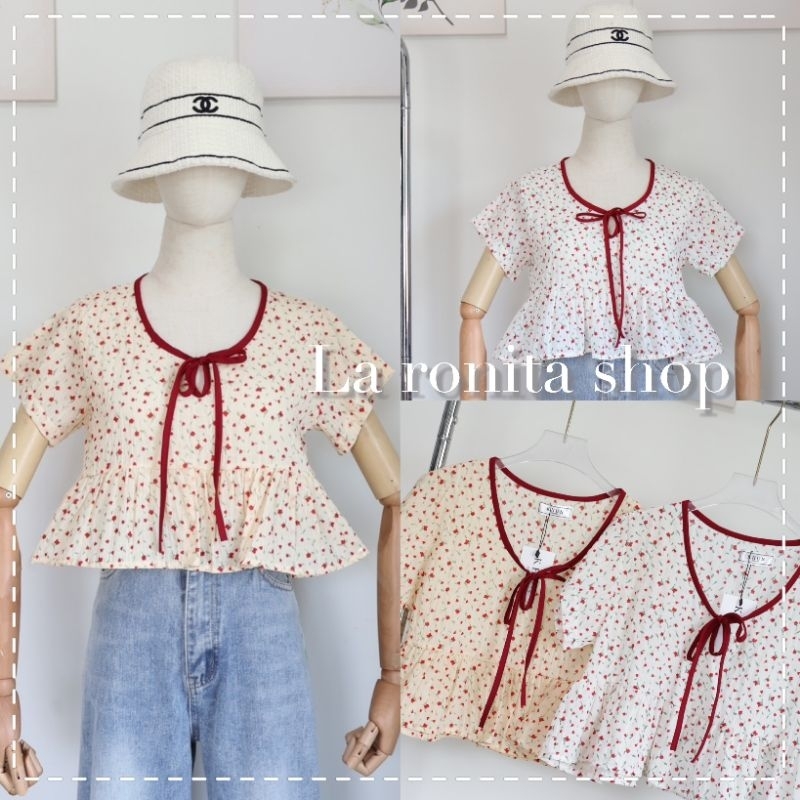 Khun เสื้อแขนสั้น แต่งกุ้นโบว์ น่ารักม๊าก ลายดอกไม้เล็กๆ มินิมอล  ชายระบาย ใส่สบายสุดๆ แมทง่าย ใส่ได้ทุกวันเลยค่ะ