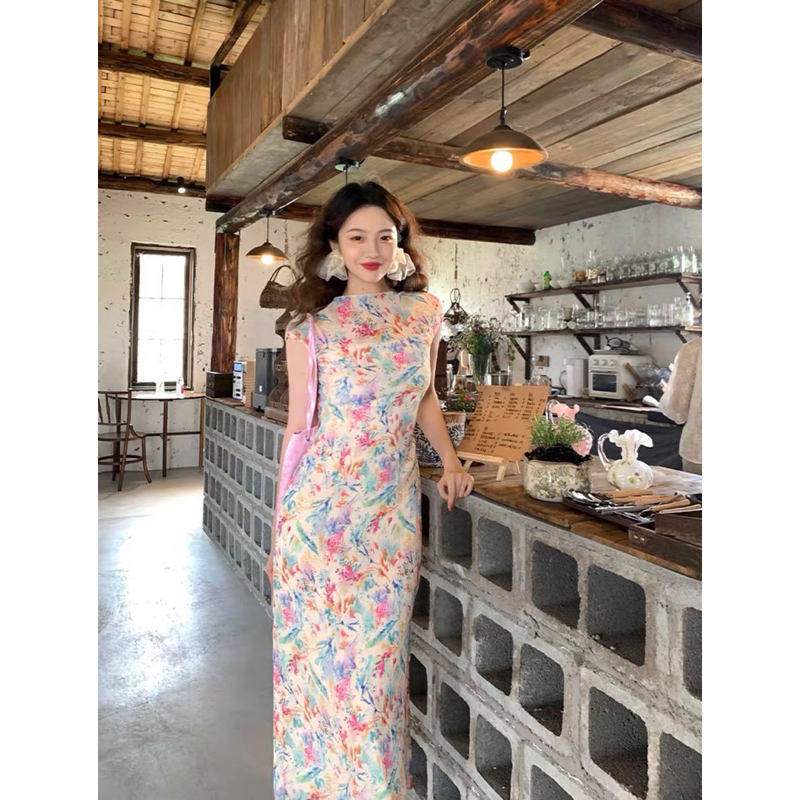 Mogwany พรี Summer Color Dress (เดรสซับใน+เดรสพลีทตัวนอก) เดรสลายดอกไม้ เข้ารูปใส่เที่ยวทะเล,ออกงาน