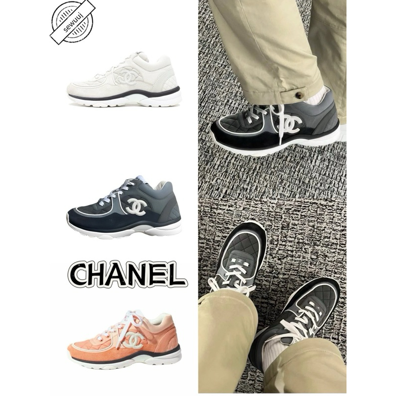 รองเท้าลำลองแบบ Low-top สำหรับชีวิต Low-top ด้วยเชือกผ้าหนัง CHANEL แท้