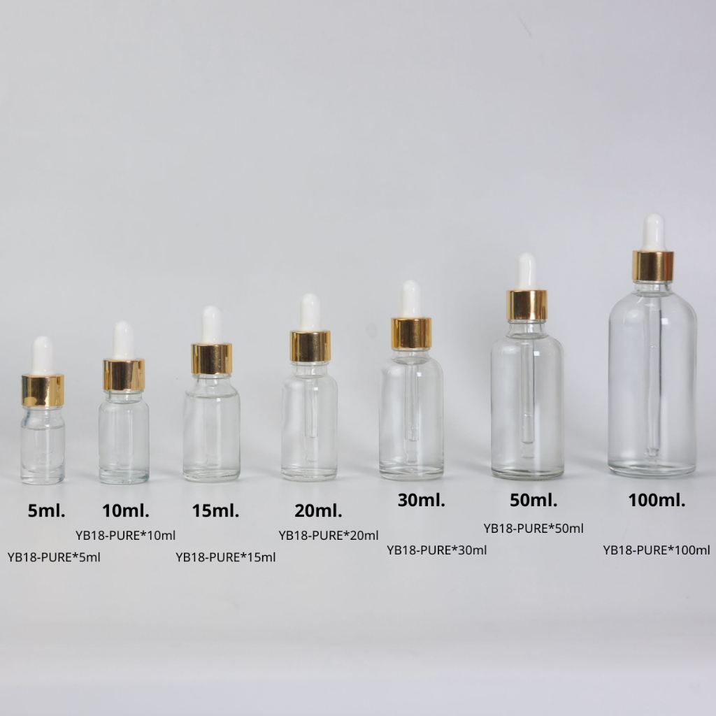 ขวดแก้วสีใส YB18-PURE ขนาด 5-100ml ฝาดรอปเปอร์ /หัวบีบหยด ใส่กินแคร์ เซรั่ม ราคาถูก พร้อมส่ง