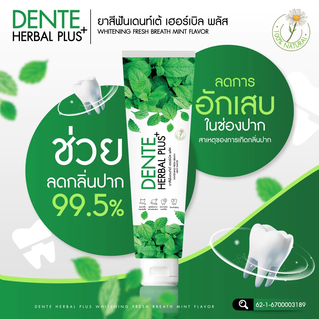 DENTE ยาสีฟันเดนท์เต้ 1 หลอด 99 บาท ยาสีฟันกลิ่นเปปเปอร์มินต์ ป้องกันฟันผุ ขนาด 100g