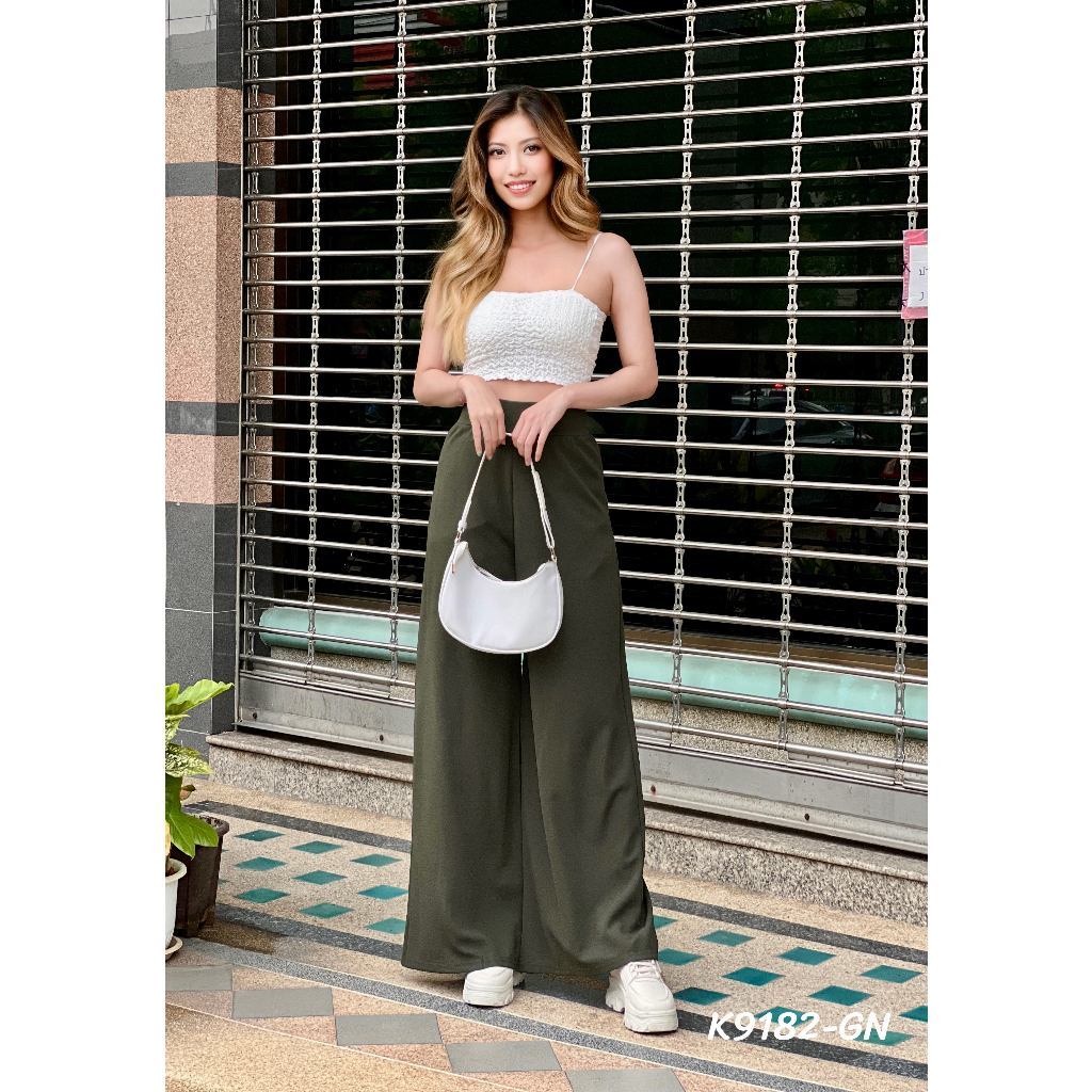 Kloset กางเกงขาบานผู้หญิง กางเกงเอวสูง ลอง ผ้ายืดได้ ฟรีไซต์ขาปล่อยกางเกงขายาวเองสูงปรี๊ด รงกระบอก กระบอกใหญ่ K9182