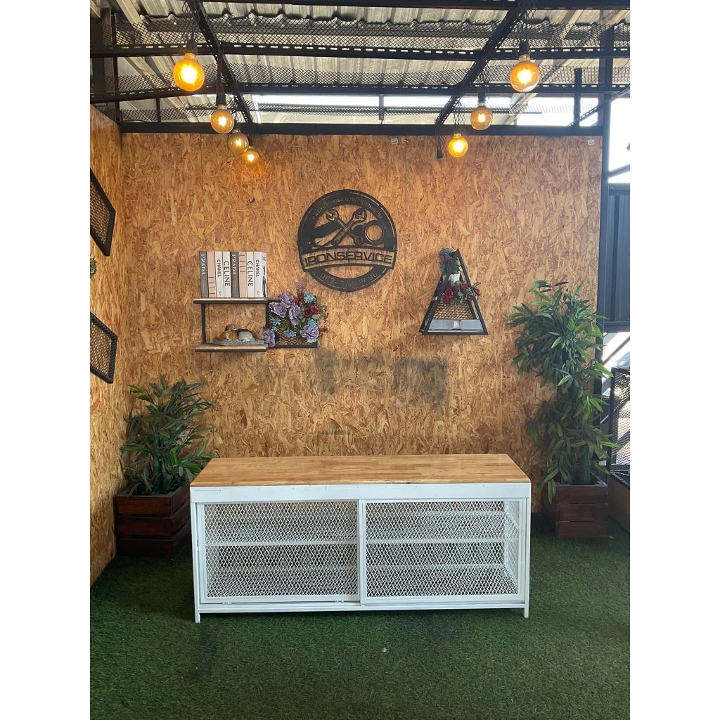 IRONSERVICE : ชั้นวางของ  ชั้น บานสไลด์ พื้นไม้  "โครงเหล็กกันสนิม" ไม้แท้เคลือบเงาใส \\จัดส่งเร็ว//