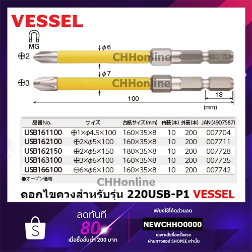 VESSEL ดอกไขควง สำหรับไขควง รุ่น 220USB Plus (220USB-P1) USB161100 USB162100 USB162150 USB163100 USB166100