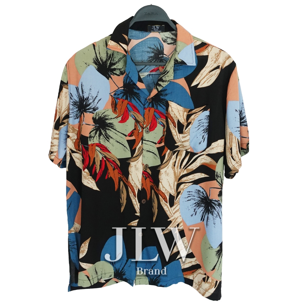 เสื้อฮาวาย ลายพระจันทร์เต็มดวง ดำ ผ้านิ่มใส่สบาย JLW BRAND ผ้าเรย่อน