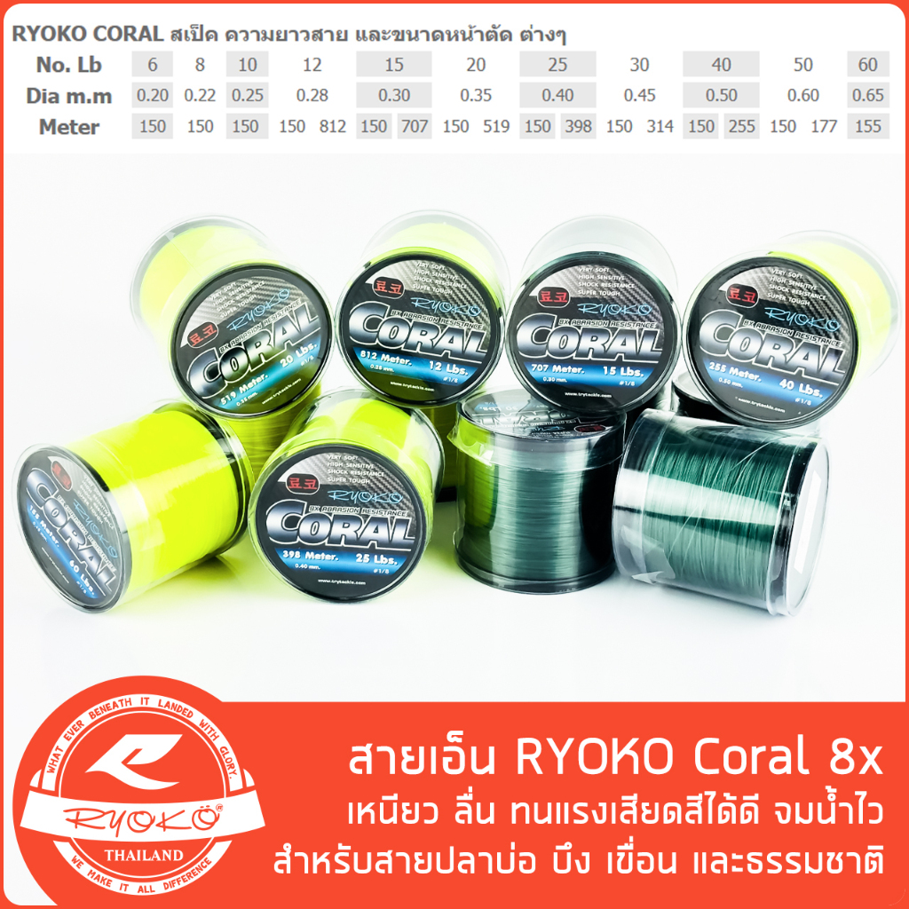 สายเอ็นตกปลา RYOKO CORAL 8X สีเหลืองและสีเขียว