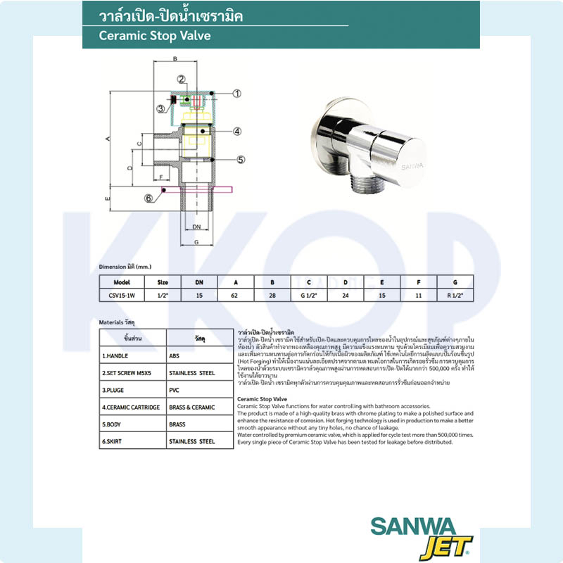 เซรามิค สต็อปวาล์ว ก๊อกติดผนัง แบบปลายเรียบ แบบสวมสายยาง ซันวา Ceramic Stopvalve Wall Tap SANWA JET 1/2"