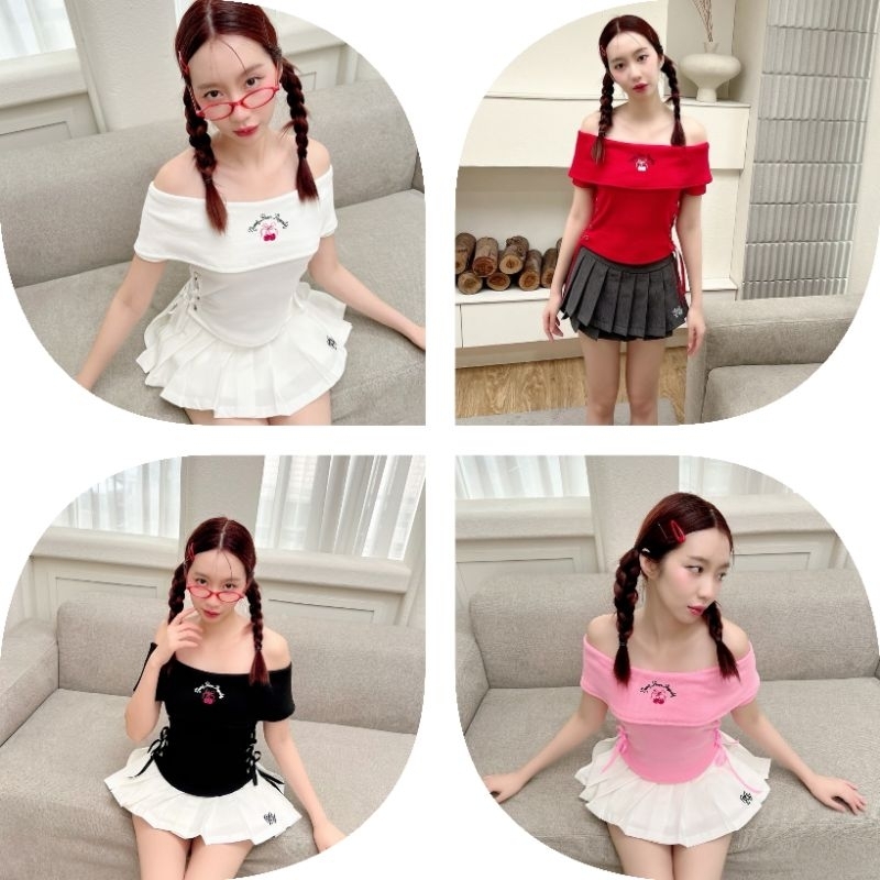 เสื้อปาดไหล่ mini windy แต่งเชือกร้อยด้านข้างสุด cute