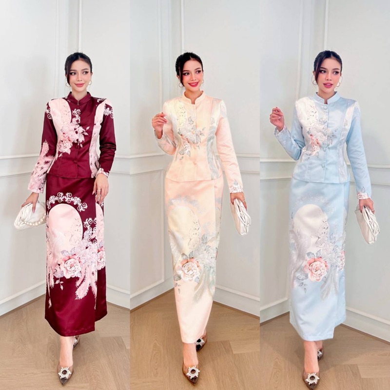 (S-3XL)ชุดไทยจิตรลดา มี3สี เสื้อแขนยาว กระดุมหน้า+ผ้าถุงทรงป้ายหน้าผ่าหลัง สวยมาก ใส่ออกงาน