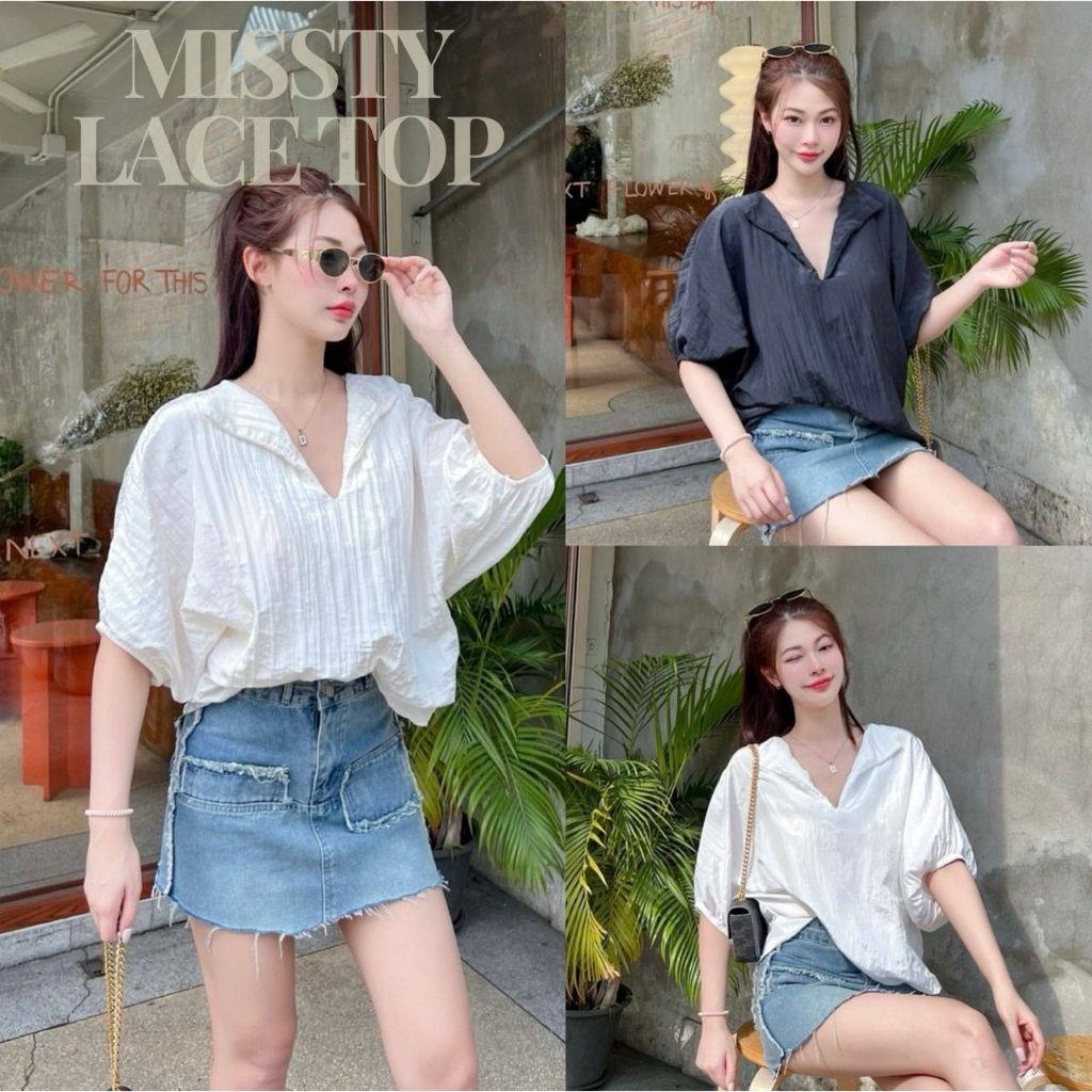 SPRING SILK TOP - เสื้อคอวีแขนบอลลูน เสื้อแขนพองน่ารักๆ สาวอวบใส่ได้ สีขาว แนวมินิมอล คาเฟ่ ป้าย Sheeny.