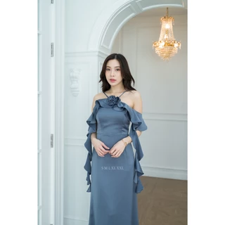 ชุดออกงาน ชุดเพื่อนเจ้าสาว koolykool(พร้อมส่ง S-2XL) เดรสสายเกลียวข้างตัวแถมดอกไม้ AJ00