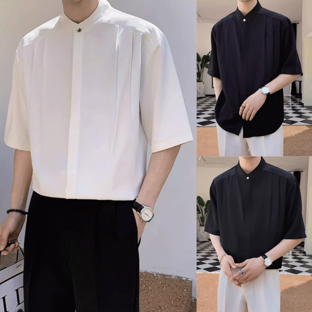 CTA34 (มี 3 สี) เสื้อเชิ้ตคอจีน แขนสั้ สำหรับผู้ชาย ทรงโอเวอร์ไซส์ ทรงคุณชายๆ M-2XL เรียบง่ายทรงเกาห