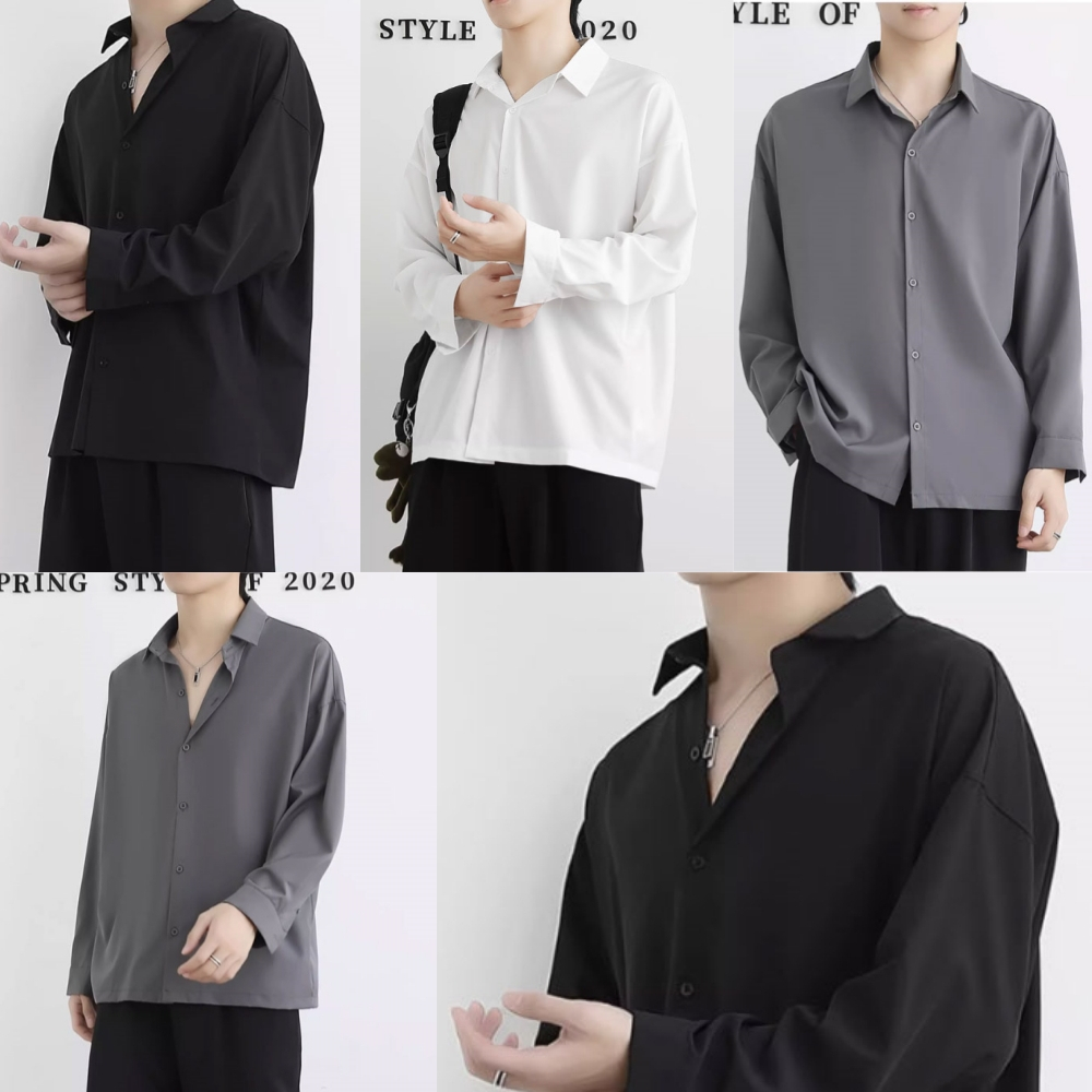 MCA35 เสื้อเชิ้ตเกาหลีแขนยาวสีพื้น ใส่สบาย ไม่ต้องรีด ระบายความร้อนได้ยอดเยี่ยมสำหรับผู้ชาย สีดำ/ขาว/เทา ไซส์ M-2XL