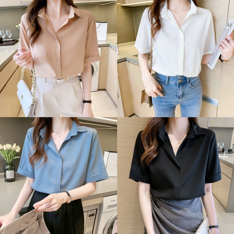 เสื้อเชิ้ตแขนสั้นสีชิฟฟอนพรีเมี่ยมขนาดพลัส เสื้อไหมพรม ผู้หญิงมืออาชีพ