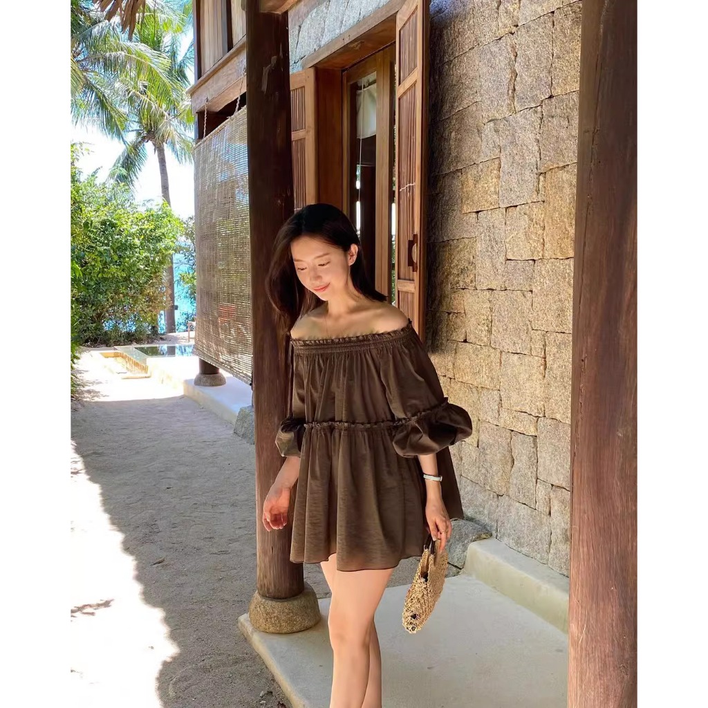 CHAWY cotton puff dress C4509 เดรสปาดไหล่ เดรสปาดไหล่ 2 สี น้ำตาล ฟ้า