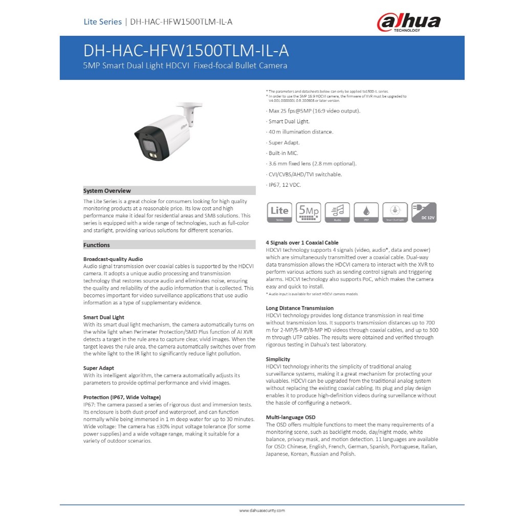 DAHUA กล้องวงจรปิด 5MP มีไมค์ในตัว รุ่น HAC-HFW1500TLMP-IL-A - แบบเลือกซื้อ