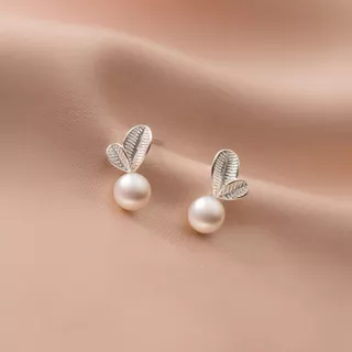 GLAMOR✨ต่างหูไข่มุกแท้ Pearl Leaf ต่างหูไข่มุก เม็ดใหญ่ ต่างหูเงินแท้ ต่างหูมุกเกาหลี ตุ้มหูมุก