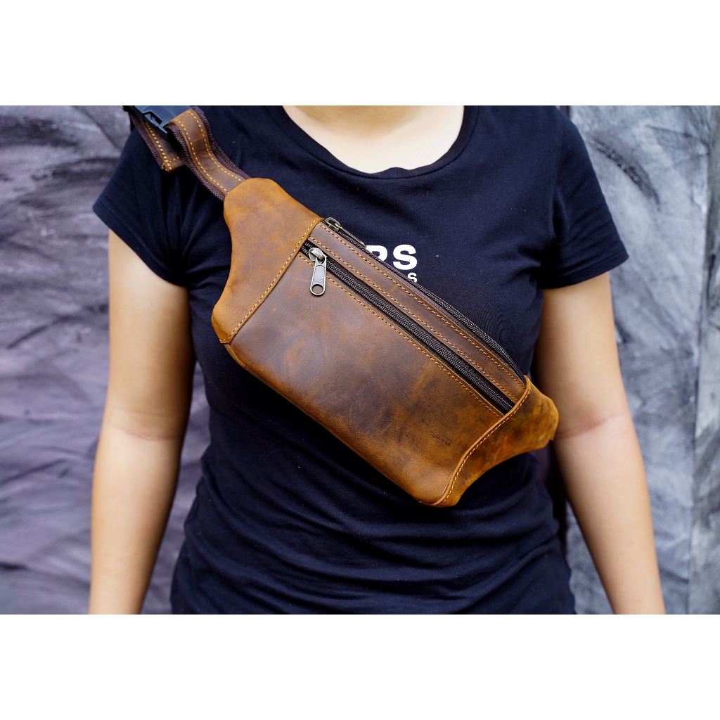 กระเป๋าคาดอก หนังวัวแท้ กระเป๋าคาดเอว ช่องการใช้งานเยอะ ใช้ได้ทั้งชายและหญิง รุ่น R03