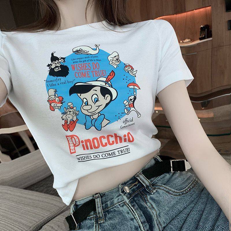 เสื้อครอปแขนสั้น ลายการ์ตูน น่ารัก คอกลมผู้หญิง E8003