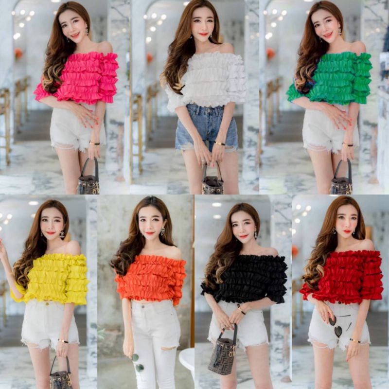 เสื้อครอบเปิดไหล่ มาใหม่จ้า ฟูๆดีเทลระบาย5ชั้นรอบตัว อลังการ เริ่ดหรู ดูแพง เนื้อผ้าไหมอิตาลีไม่ต้องรีด