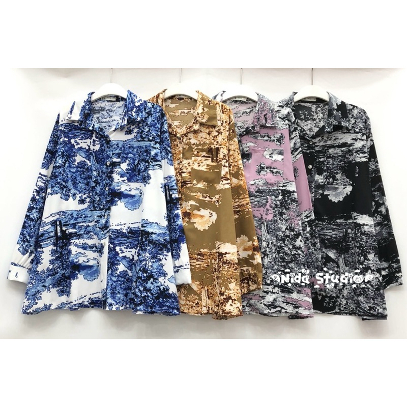 เสื้อเชิ้ตคอปกแขนยาว กระดุมผ่าหน้า มีกระเป๋าหน้าอก ผ้าไหมอิตาลี ลายต้นไม้ ลายคลาสสิค ไซส์ใหญ่