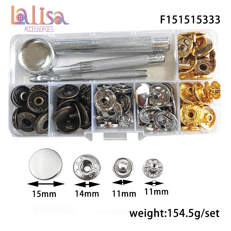 กระดุมสแน็ปพร้อมเครื่องมือในกล่อง กระดุมโลหะ หมุดตอกมือ 15mm snap button with tool (B-1C,F151515333)