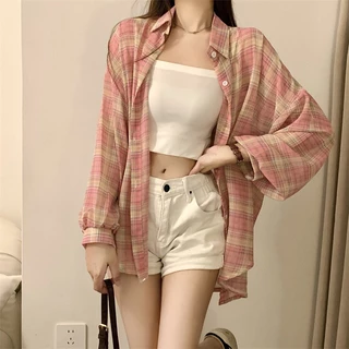 เสื้อเชิ้ตผู้หญิง แขนยาว เสื้อกันแดด oversize ผ้าเบาบาง ลายสก๊อต สไตส์เกาหลี