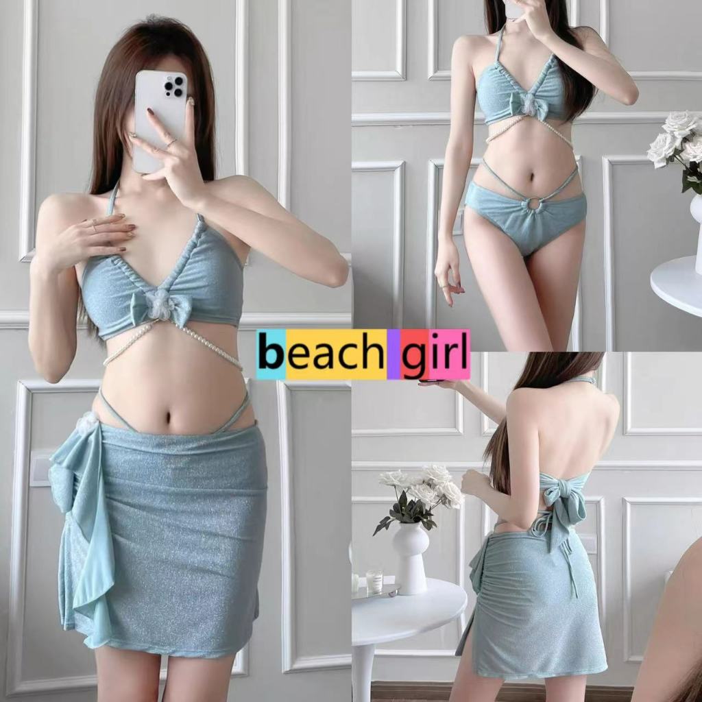 beachgirl ชุดว่ายน้ำ3ชิ้น ชุดไปทะเล สีฟ้า bikini sexy รุ่นใหม่ ผ้าเนื้อดี #0326