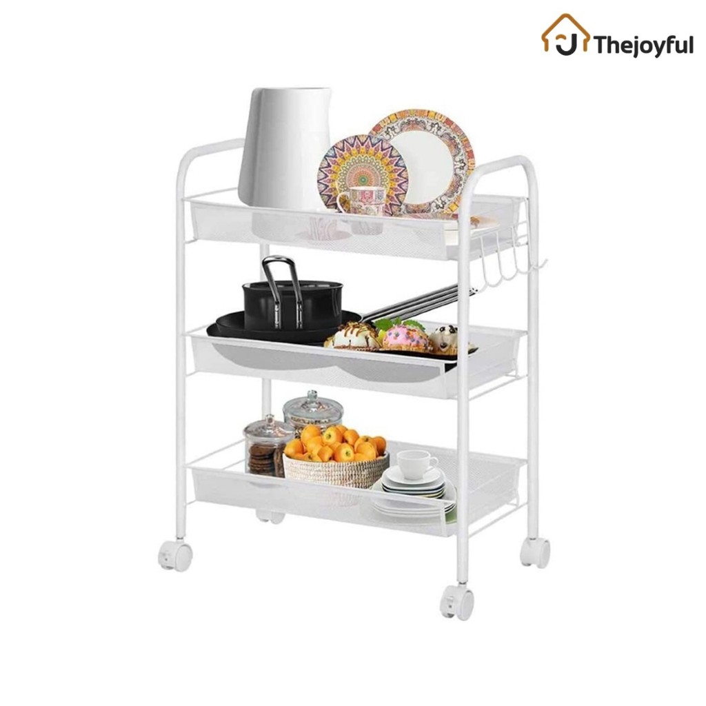 Thejoyful ชั้นวางล้อพลาสติก รถเข็นอาหาร Stainless trolley 3ชั้น 4 ล้อ หมุนได้ 30° กว้าง 45ซม.