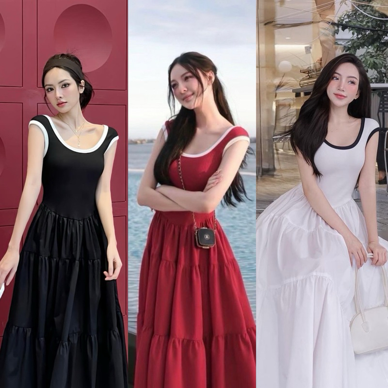 Teera พร้อมส่ง เดรสยาวสไตล์ พส.จีน แต่งกุ๊นขอบแขนตัดสีชุด ด้านบนเป็นผ้ายืดร่องเล็ก ซิปหลัง goodluck ประโปรงยาว
