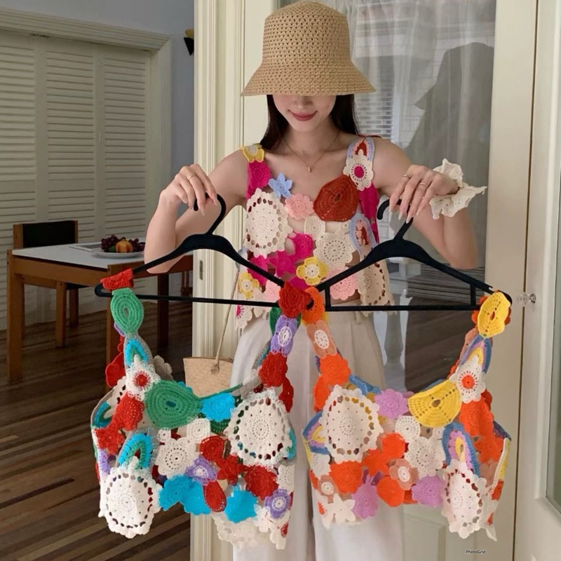 เสื้อสายเดี่ยวลูกไม้งานถักสีสันสดใส สายเดี่ยวถักไหมพรม (ไม่มีซับในค่ะ)