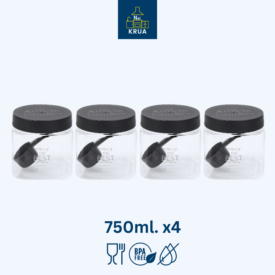 Naikrua กระปุกพลาสติก ทรงเหลี่ยม ความจุ 750ml.แพ็คละ 4ชิ้น แถมช้อน กระปุกใส่เครื่องปรุง Canister Set