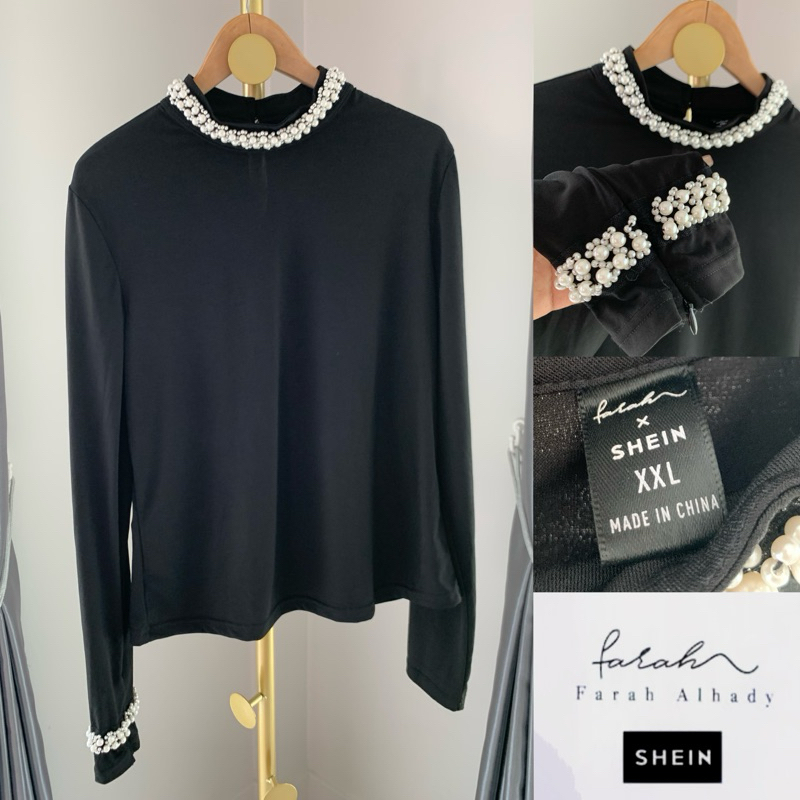 เสื้อแขนยาวสีดำแต่งมุกที่คอและแขนขวา Farah X SHN