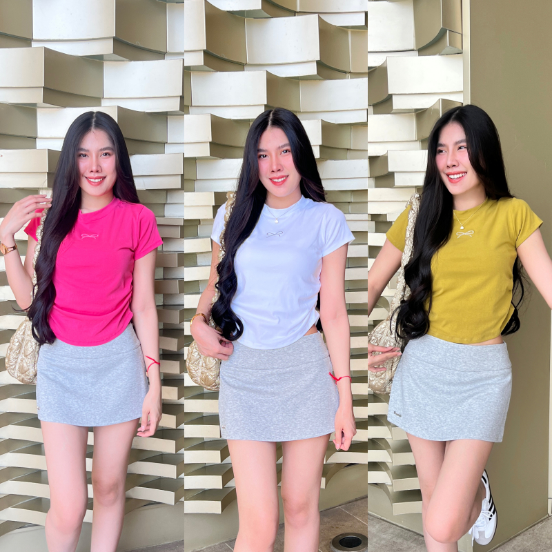 เสื้อยืดคอกลมแขนสั้น ผ้ายืดยูนิโคล่ แต่งย่นข้าง ปักอกโบว์ ทรงตามหา เบบี้ทีสุด สาวอวบใส่ได้ยืดเยอะ รุ่น ตาแป๋ว
